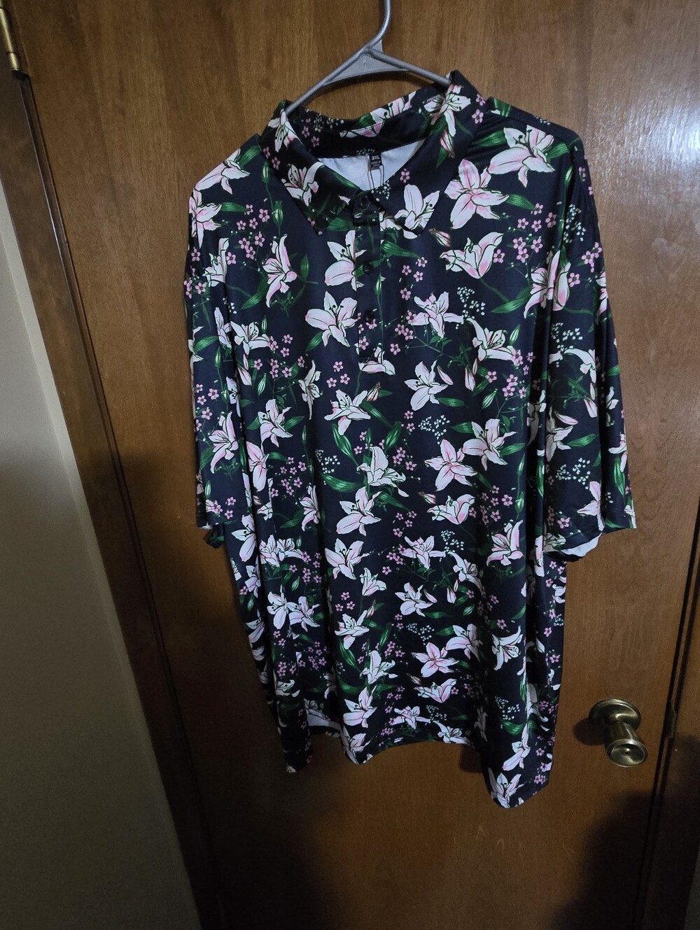 Navy Floral Button-Up Top with Pink Lilies